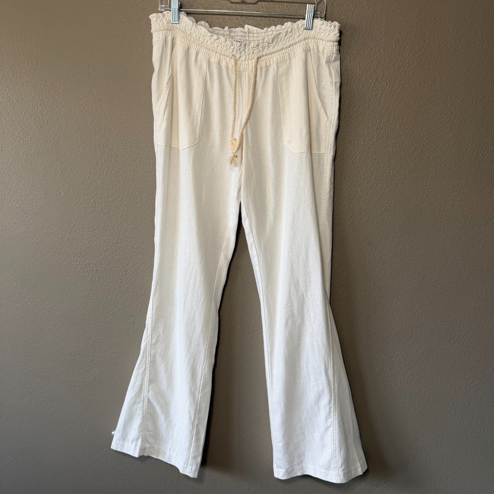 Roxy Oceanside NWT Boho Coastal‎ Sea Salt Linen Flared Wide Leg Beach Pants L